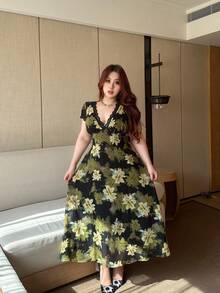 Vibekara V-Neck Lace Trim Chiffon Floral Print Flowy Dress - Yellow - View 4