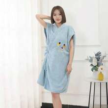 Women Thickened Coral Fleece Bath Robe, Cross Tie Long Sleeve Bath Dress, Soft Loungewear Robe With Towel For Bathroom Bedroom Living Room - Multicolor - View 12