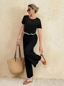SHEIN Frenchy 女款拼色圓領短袖上衣與長褲兩件套 - 黑色 - 查看 8