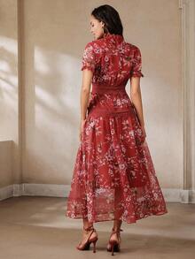 Anewsta Women's Elegant Heavy Embellished Stand Collar Patchwork Lace Floral Dress - Red - View 8