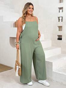 Plussiva Plus Size Maternity Square Neck Tie Strap Solid Color Jumpsuit - Green - View 4