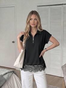 Easowa With Half-Zip Placket, Wide Shoulders, Lace Patchwork, Traceable Cotton Fabric, Casual Relaxed Elegant Commuter Vacation Spring Summer Office Black - Black - View 4