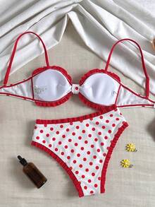 Swim Mod Setelan Baju Renang Wanita: Atasan Model Bandeau Berkerut Motif Polkadot dan Bawahan Bikini Segitiga Berkerut Pinggang Tinggi - MultiWarna - View 2