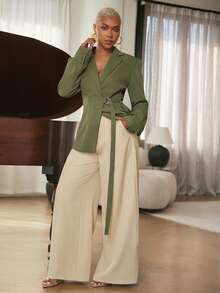 Vixey Solid Woven Notched Collar Wrap Around Oversized Blazer, Business Casual, Workwear, Polished, Tailored, Desk To Dinner, Power Dressing - Green - View 4