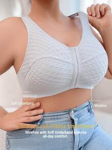 SHEIN Solid Color Soft Comfortable Wavy Jacquard Patchwork Mesh Plus Size Sports Bra, 1pc - Light Grey - View 1