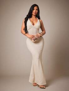 Radiana Women's Sexy Elegant Orange Slim Fit Long Dress, Open Back Strap Design With Metal Beads, Evening Gown, Suitable For Date Night Out/Party/Birthday - Apricot - View 3