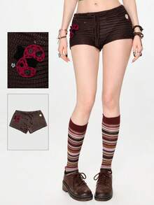 ROMWE Fairycore Cute Ladybug Print Shorts, Women Knit Pants, Spring/Summer - Brown - View 1