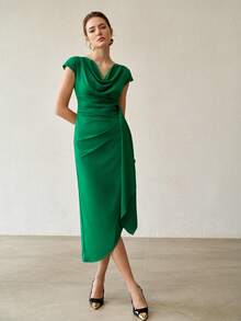 MOTF PREMIUM VESTIDO MIDI ELEGANTE DE MUJER PARA PRIMAVERA/VERANO, VERDE, CON FRUNCIDO Y ESTRUCTURA, PARA IR AL TRABAJO - Verde - Ver 4