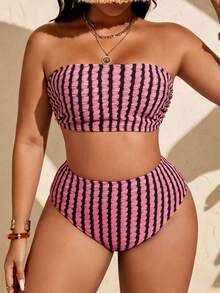 SHEIN Swim Curve 大尺碼女款條紋抹胸比基尼上衣與三角褲兩件式泳衣套裝，適合夏季度假與海灘 - 彩色 - 查看 4