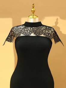 Rometta Plus Size Women's Summer Black Lace Strapless Shawl + Bandeau Solid Fabric And Lace Patchwork Bodycon Mermaid Waist Slimming Sexy Elegant Long Dress. Suitable For Casual, Date, Party. - Black - View 4