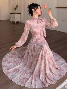 Modelyn 女士蓝色系带领褶皱腰身连衣裙，适合春秋季户外穿着 - 粉色 - 查看 5