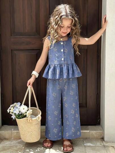 Conjunto de 2 piezas para niñas con top de tirantes de tela con estampado texturizado y falso bordado, botones delanteros y bajo con volantes, y pantalones holgados, cómodo y casual de grosor regular, sencillo y elegante, adecuado para salidas de primavera/verano, viajes, vacaciones, diversas ocasiones y uso diario