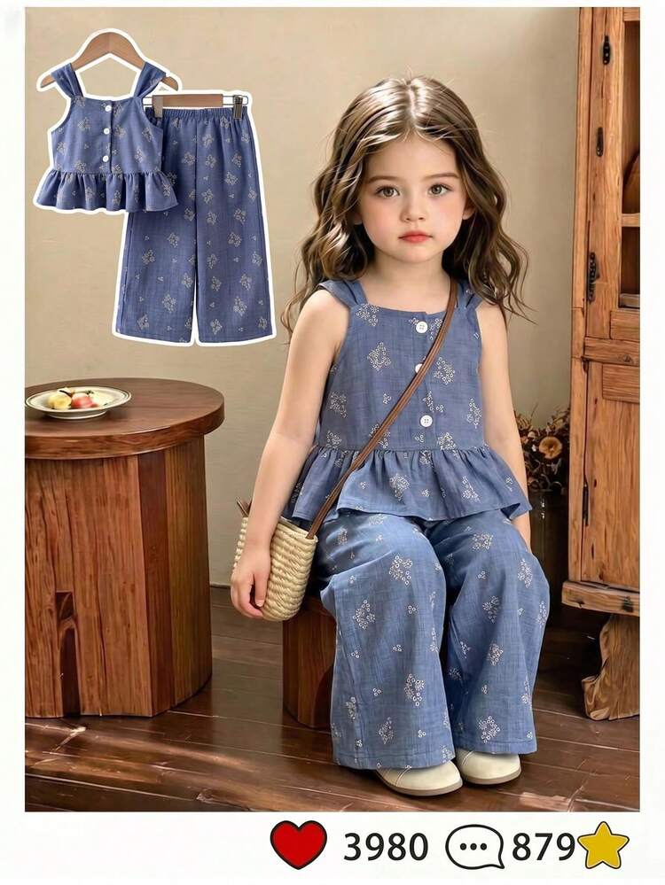 Girls' Comfortable Casual Regular Thickness Textured Print Faux Embroidery Fabric Front Button Ruffle Hem Camisole Top And Loose Pants 2-Piece Set, Simple And Elegant, Suitable For Spring/Summer Outings, Travel, Vacation, Various Occasions And Daily Wear - Blue - View 1