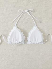 Swim Mod Top de traje de baño de unicolor de verano con flor 3D y cuello de halter - Blanco - Ver 3