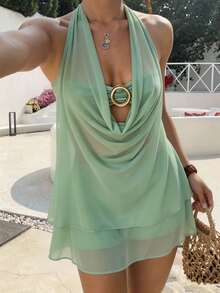 HueRush Women's Summer Draped Neck Mesh 2 Pieces Set Metal Ring Sheer Cover-Up Vacation Style Beach Club Mini Skirt Set Sage Green Tropical Sexy - Green - View 8