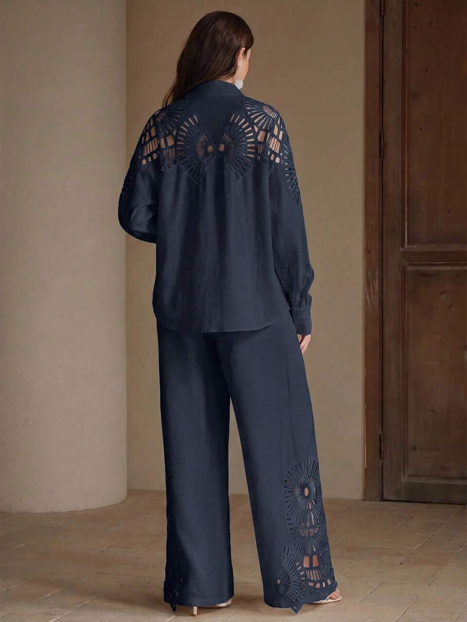 Anewsta Hollow Long Sleeve Shirt And Pants Set Brunch Vacation Vacation Navy Blue Autumn Elegant Casual