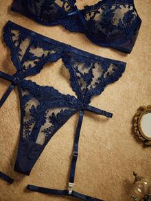 PinupPomp Conjunto de 4 piezas de lencería sexy azul para mujer - Azul Marino - Ver 5
