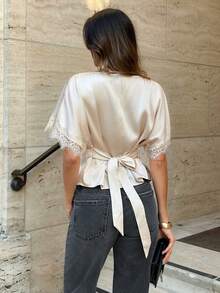 Firerie Blusa elegante de verano para mujer con unicolor y patchwork de encaje - Champán - Ver 3