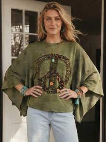Wildy Tenue d'été décontractée BOHO style western country avec patchwork blocs de couleurs pour femme, top ample asymétrique basique pour sorties et trajets quotidiens - Militaire verte - Voir 4