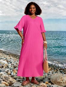 BrightlyHer Plus Size Magenta Dress Long Casual Vacation Summer Spring Clothing Beach Outfits For Women - Hot Pink - View 4