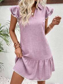 EMERY ROSE Women's Solid Color Ruffle Sleeve Lace Trim Lapel Fashion Dress - Pink - View 3