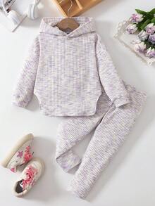 Elladie kids 女童新款彩虹糖果色連帽長袖上衣與鬆緊腰休閒寬鬆軟針織長褲2件套，春/秋季 - 淡紫色 - 查看 3