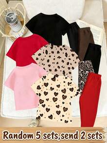 Random 5 Sets, Send 2 Sets Spring Summer Autumn Girls Toddler Fashion Creative Cute Leopard Heart Butterfly Kawaii Rabbit Bear 3x3 Grid Heart Shape Cute Print Casual Vacation Style Basic Short T-Shirt + Leggings Set Sets - Multicolor - View 2