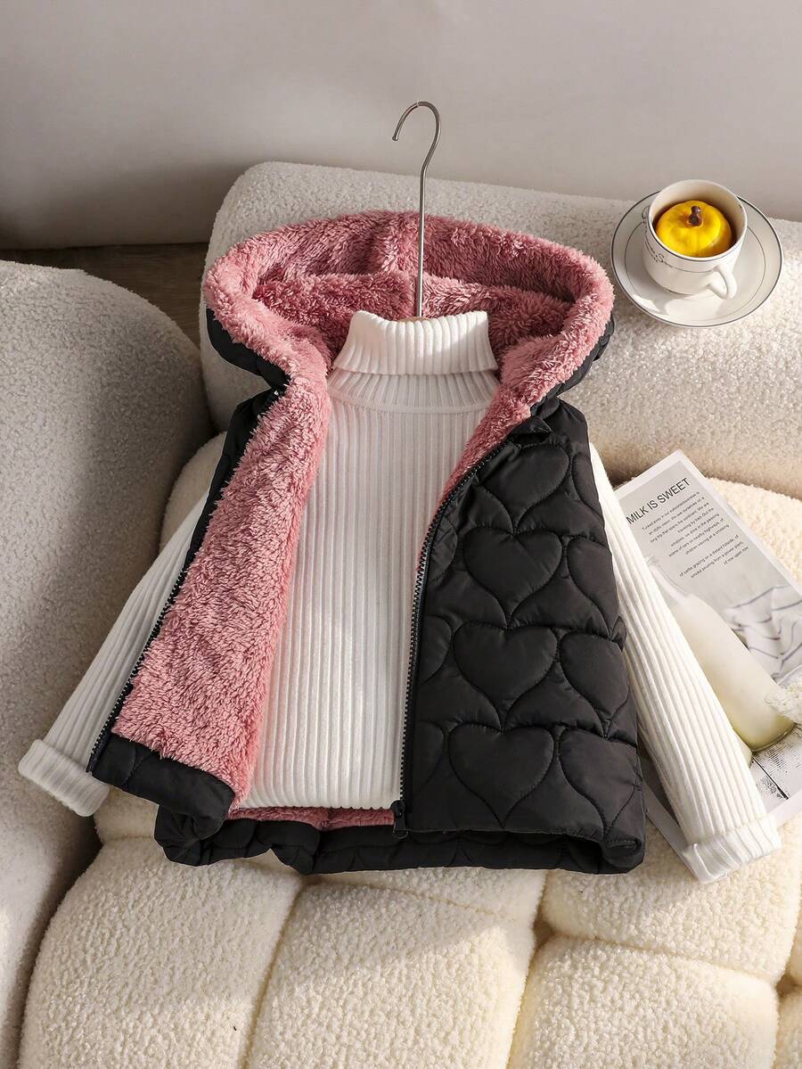 SHEIN 秋冬女童連帽加厚棉服背心,保暖內裡厚棉外套夾克 - 黑色 - 查看 1