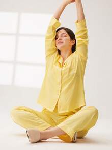 LUVLETTE Yellow Silky Satin Retro Floral Polka Dot Button-Up Top & Pants Pajama Set Pants With Pockets Long Sleeve Sets For Women - Yellow - View 5
