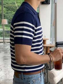 DAZY Men's Summer Half-Button Striped Color-Block Short Sleeve Knit Top - Multicolor - View 6