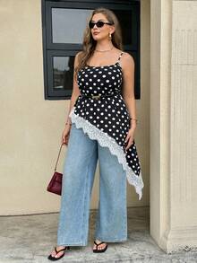 Easura Women's Polka Dot Lace Patchwork Asymmetrical Hem Tummy Control Slimming Elegant Versatile Plus Size Camisole Vacation Black And White Summer - Black and White - View 6