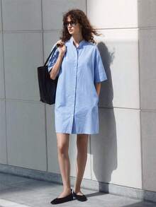 Ontre 2026SS新款度假風女款深咖啡色長洋裝，彈性腰身隱形拉鍊，簡約優雅都市現代百搭通勤教師出遊夏日度假休閒沙灘婚禮賓客派對優雅洋裝，時尚設計A字版型下午茶浪漫約會舒適面料寬鬆版型 - 藍色 - 查看 2