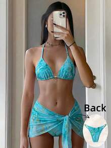 Swim Vcay Women's Spring/Summer Random Print Halter Neck Metal Decor Skirt 3-Piece Bikini Set - Multicolor - View 4