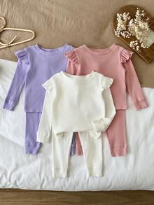 SHEIN 女嬰針織純色圓領荷葉邊下擺休閒T恤與長褲6件套 - 彩色 - 查看 8