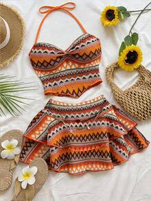 Soleia Orange Halter Top & Printed Mini Skirt Women's 2 Pieces Set Vacation - Multicolor - View 3