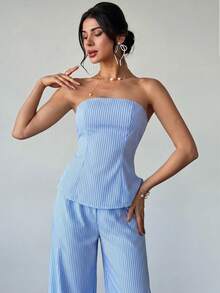 Firerie Women's Blue And White Stripe Bandeau Top And Elastic Waist Long Pants Set, Casual Coastal Hawaiian, Daily Minimalist Vacation, Spring/Summer Elegant - Blue and White - View 7