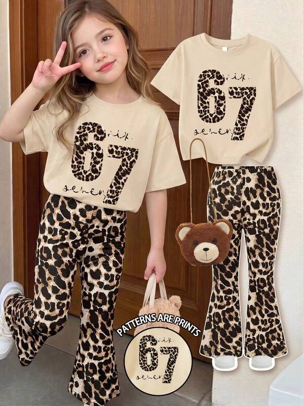 YoungGirl 2件套時尚甜美 67號杏色上衣搭配豹紋喇叭褲，適合夏季舒適休閒極簡日常穿著