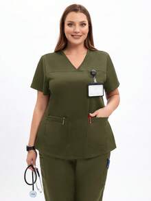 TaskEZ Scrub Tops For Women - Sweetheart V-Neck Scrub Top ,Women Short Sleeve V-Neck Nurse Uniform - Army Green - View 6