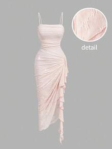 SHEIN MOD Women's Pleated Side Patchwork Ruffle Elegant Spaghetti Strap Midi Dress - Pink - View 2