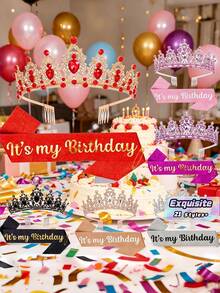 1件/2件組 生日披肩緞帶 It's My Birthday 皇冠頭飾 水鑽生日髮箍 附大頭針 生日披肩與皇冠緞帶 適用生日派對舞會裝飾 新娘皇冠 - 多色 - 查看 1