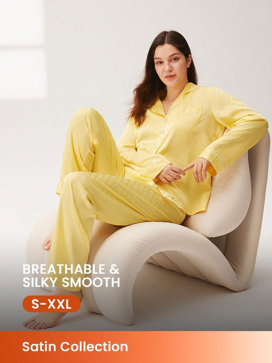 LUVLETTE Yellow Silky Satin Retro Floral Polka Dot Button-Up Top & Pants Pajama Set Pants With Pockets Long Sleeve Sets For Women - Yellow - View 1