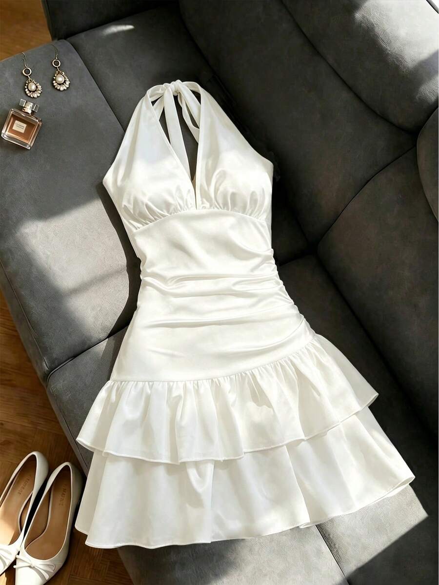 Franclia Women's Solid Color Tie-Up Short Dress Wedding Party Night Out White Summer Elegant Sexy - Beige - View 1