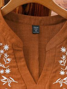 SHEIN LUNE CURVE 大尺碼女款刺繡短袖百褶襯衫，春夏款，適合約會、浪漫、時尚、通勤 - 銅色 - 查看 4