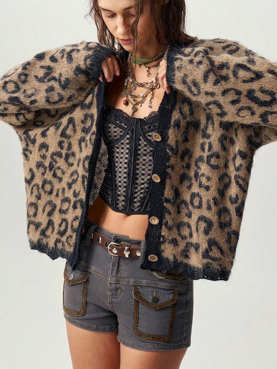 Bohemela Women's Leopard Print Lace Patchwork Button Cardigan - Multicolor - View 1