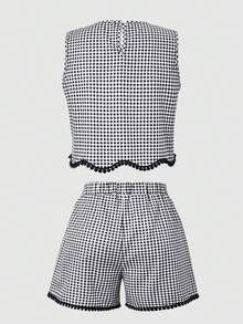 SHEIN Vintaside Kids 女童夏季黑白小格紋兩件套，流蘇蕾絲飾邊背心上衣 + 寬鬆短褲休閒套裝 - 彩色 - 查看 2