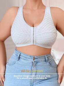 SHEIN Solid Color Soft Comfortable Wavy Jacquard Patchwork Mesh Plus Size Sports Bra, 1pc - Light Grey - View 8