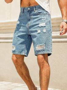 Manfinity Roughcore Men's Street Style Casual Distressed Blue Plus Size Denim Shorts, Holiday - Light Wash - View 3