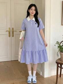 青少年女孩 Polo 領條紋刺繡圖案短袖中長洋裝，適合青少年女孩，對比色荷葉領花瓣袖印花洋裝，適合學校、戶外活動、購物，鈕扣洋裝童裝 - 寶藍色 - 查看 2
