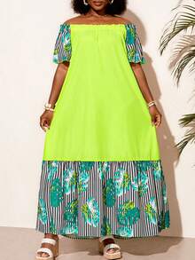 BrightlyHer Vestido de moda a rayas con hombros descubiertos para mujer talla grande para vacaciones - Multicolor - Ver 9