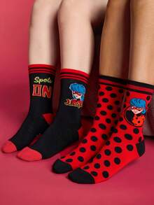 Miraculous Ladybug X SHEIN 2雙女款中筒襪，柔軟透氣吸濕休閒女款中筒襪，時尚可愛卡通圖案 - 混色 - 查看 2